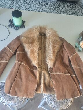 Women's Brown Genuine Leather Shearling Jacket with Faux Fur Collar